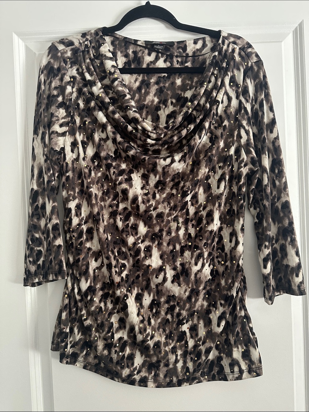 Women's Animal Print Cowl Neck Long Sleeve Top in Brown and Cream